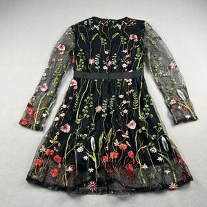 Floral Embroidered Mesh Dress Cotagecore Small Black Sheer Mini Party Wedding